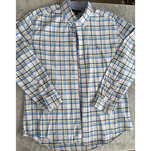 Tommy Hilfiger Button Down Shirt Mens XL Blue Yellow Plaid Dress Cotton Oxford - Picture 2 of 7